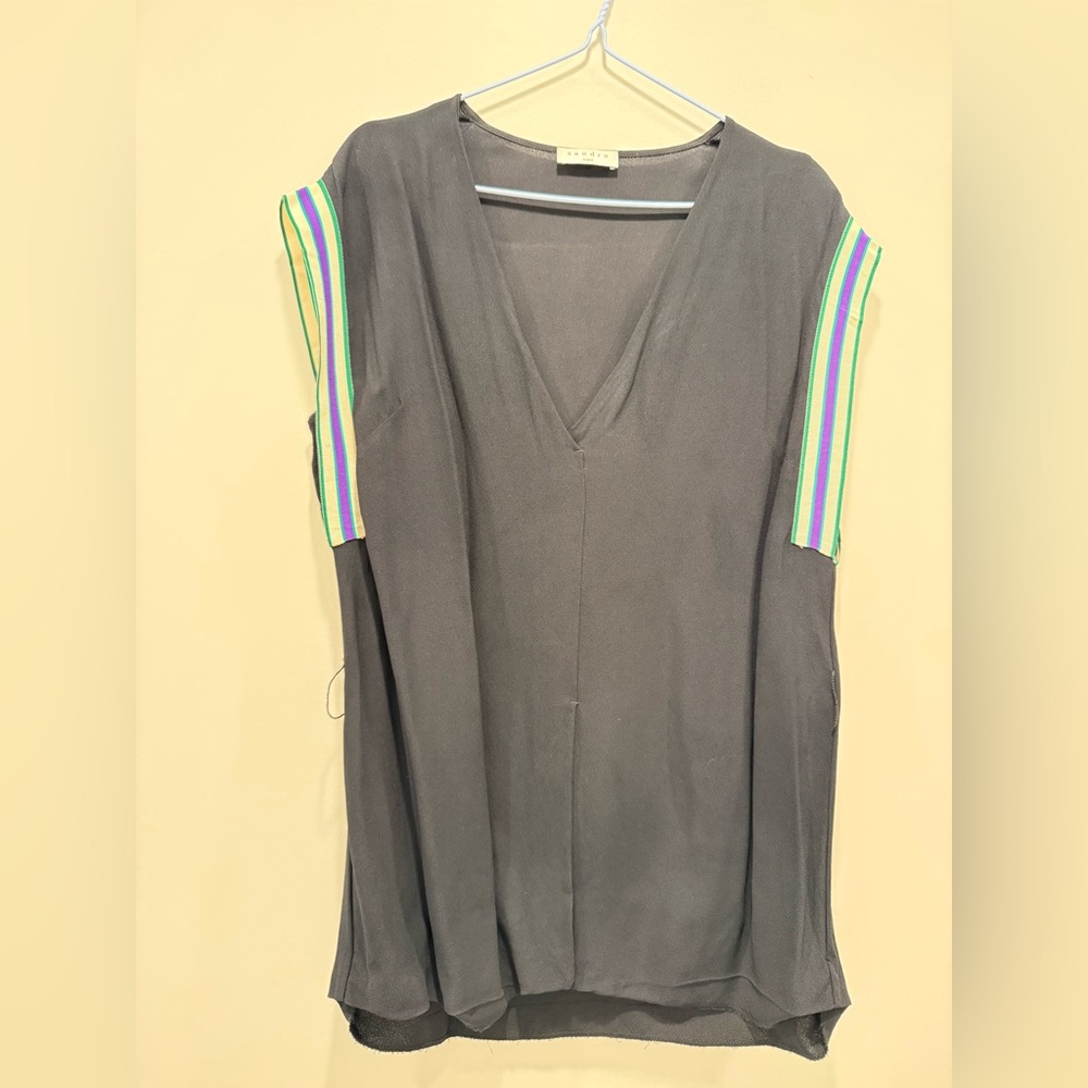 Sandro Sabra Noir V-Neck Blouse with Striped Sleeves